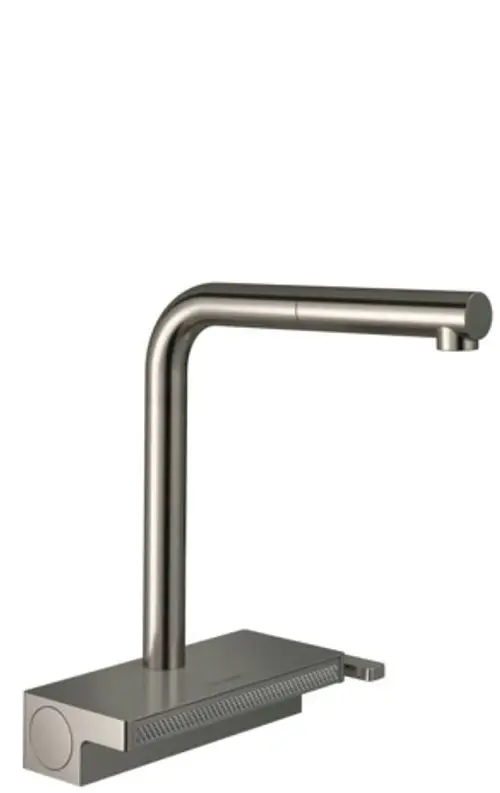 Spültischmischer in Edelstahl-Optik von Hansgrohe mit einem Ausziehauslauf und zwei Strahlarten, der in einer modernen Kücheneinrichtung eingesetzt werden kann.